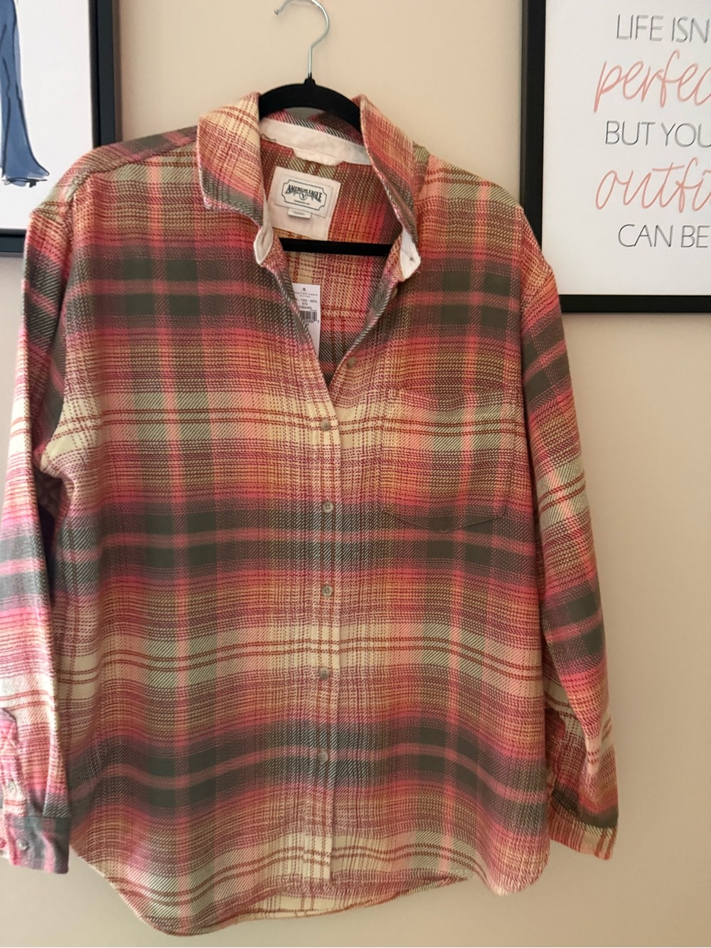 American Eagle Outfitters Coral, Olive & Cream Plaid Button-Down Shirt